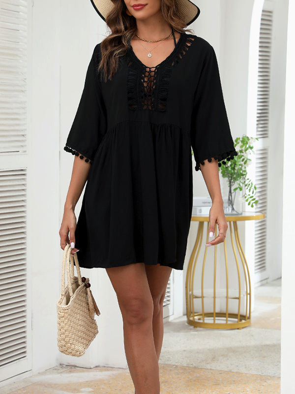 Hollow Solid Color Tasseled Half Sleeves Loose V-Neck Mini Dresses Cover-Up