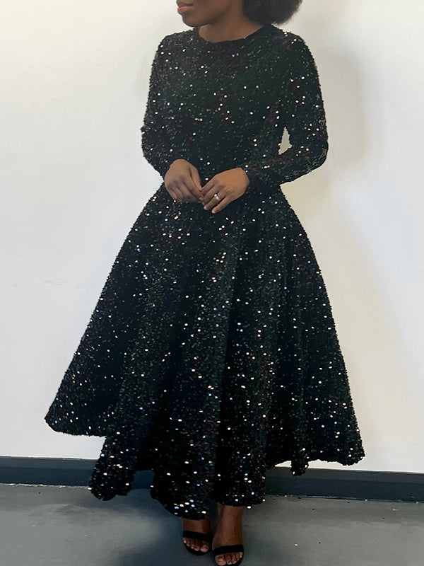 Sequined Split-Joint Zipper A-Line High Waisted Round-Neck Maxi Dresses