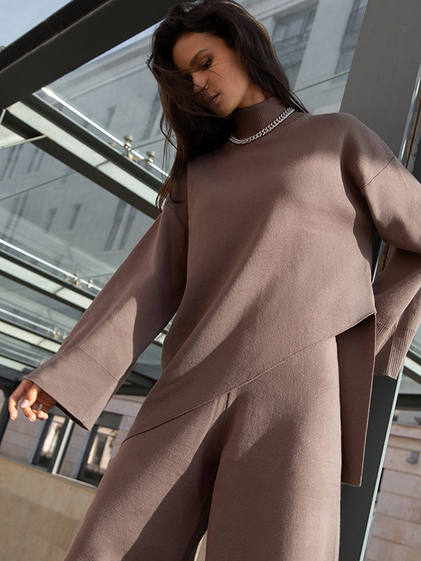 Casual Solid Color Irregularity High-Neck Sweater& Wide Leg Pants Suits