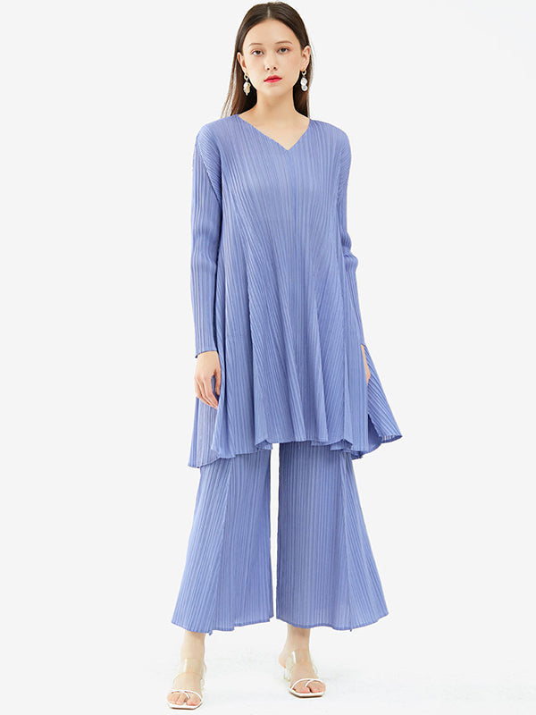 Urban Pleated Solid Color V-Neck Long Sleeves T-Shirt&Flared Pantstwo Pieces Set