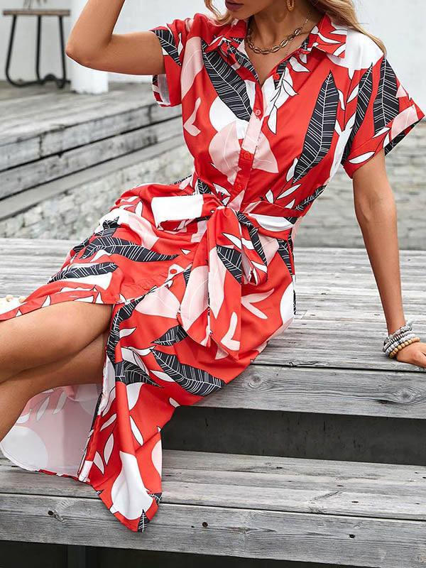 Buttoned Leaves Print Tied Waist Raglan Sleeve Short Sleeves Lapel Shirt Dress Midi Dresses