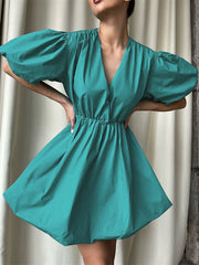 Pleated Solid Color Split-Joint Loose Puff Sleeves V-Neck Mini Dresses