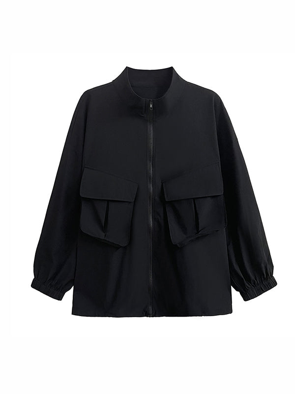 Elasticity Pockets Solid Color Zipper Long Sleeves Loose Outerwear Jackets