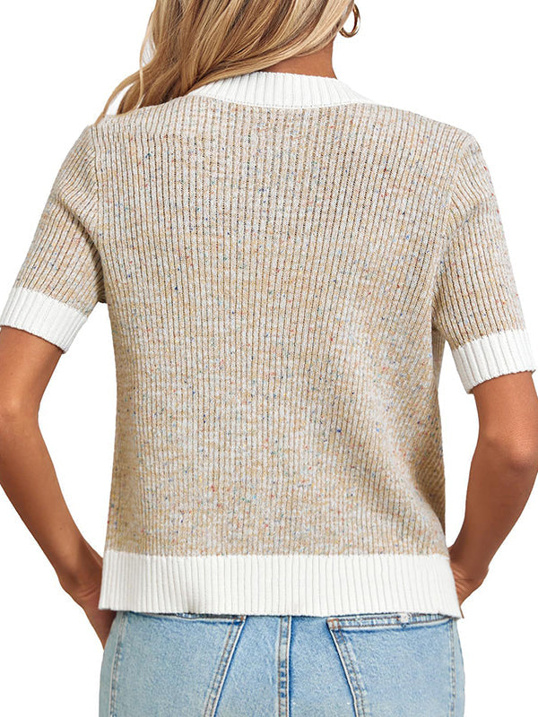 Buttoned Pockets Split-Joint Short Sleeves Round-neck Cardigan Tops