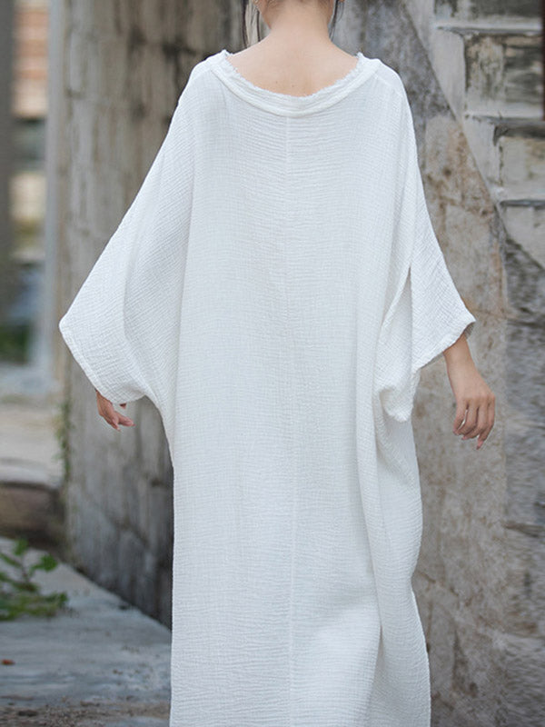 Solid Color Split-Joint Split-Side Batwing Sleeves Round-Neck Midi Dresses