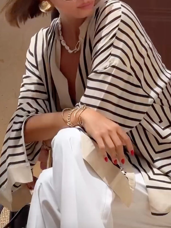 Buttoned Striped Long Sleeves Loose Stand Collar Blouses&Shirts Tops