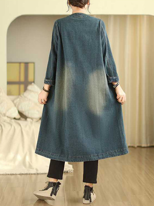 Buttoned Pockets A-Line Long Sleeves Round-Neck Outerwear Midi Dresses