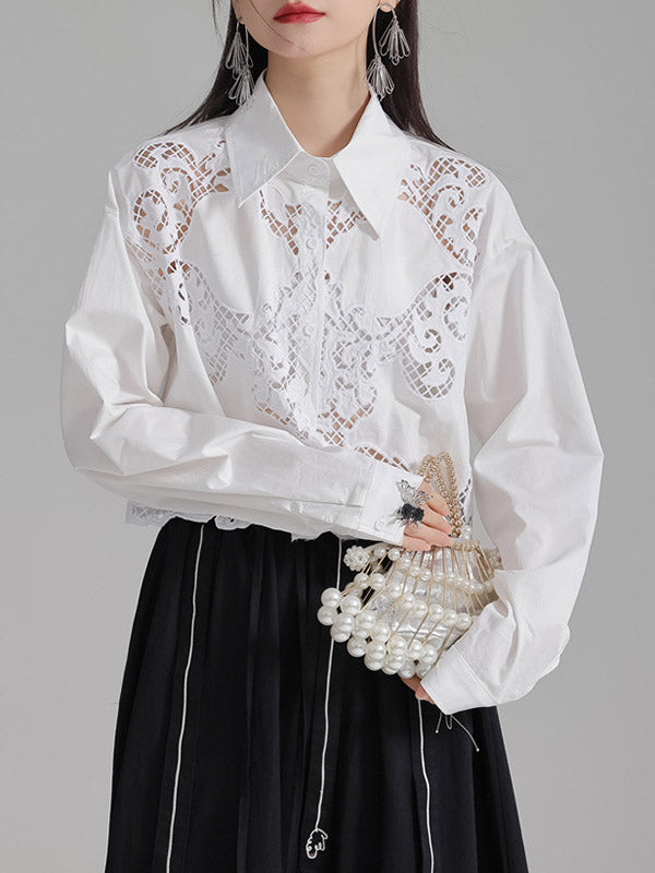 Buttoned Hollow Solid Color Long Sleeves Loose Lapel Blouses&Shirts Tops