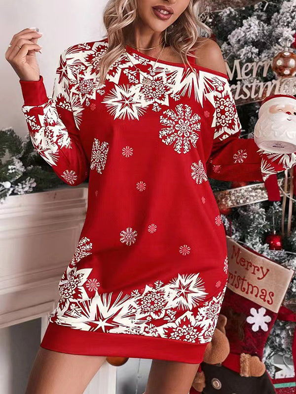 Contrast Color Printed Split-Joint Bodycon Long Sleeves One-Shoulder Midi Dresses