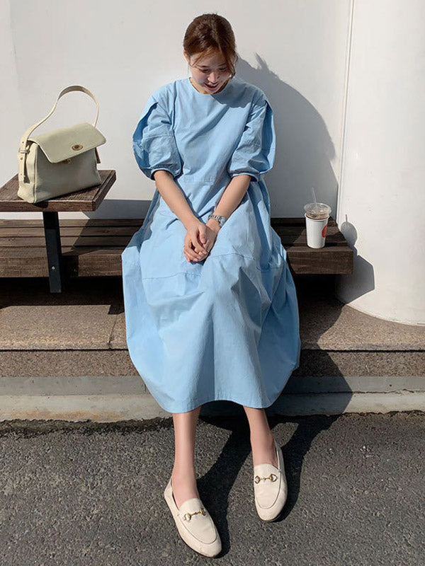 Casual Round-Neck Bishop Sleeve Loose Solid Color Midi Dress