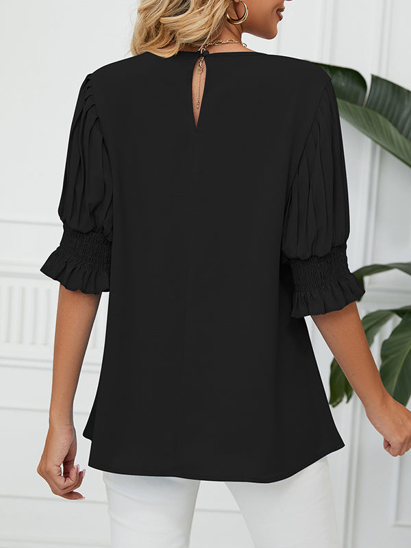 Pleated Solid Color Loose Puff Sleeves Round-Neck T-Shirts Tops