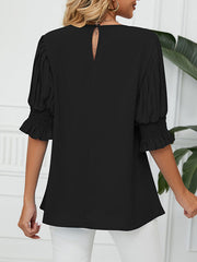 Pleated Solid Color Loose Puff Sleeves Round-Neck T-Shirts Tops