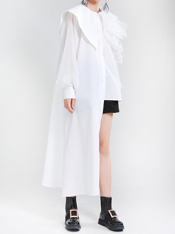Asymmetric Pleated Solid Color Split-Joint Falbala Long Sleeves Loose Lapel Blouses&shirts Tops