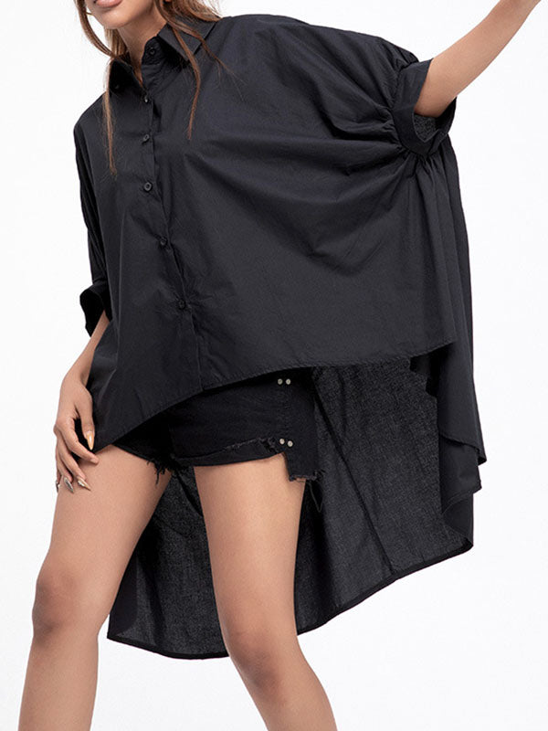 Solid Color Batwing Sleeves High-Low Lapel Blouses&Shirts Tops