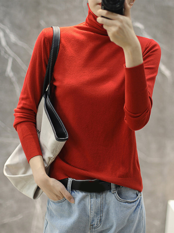 Simple Loose Long Sleeves Solid Color High-Neck Pullovers