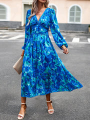 Mesh Printed Split-Joint A-Line High Waisted Deep V-Neck Midi Dresses