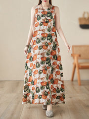 Printed Loose Sleeveless Round-Neck Midi Dresses