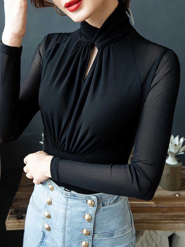 Hollow Pleated Solid Color Long Sleeves Plus Size Mock Neck T-Shirts Tops
