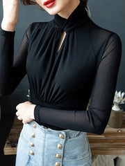 Hollow Pleated Solid Color Long Sleeves Plus Size Mock Neck T-Shirts Tops