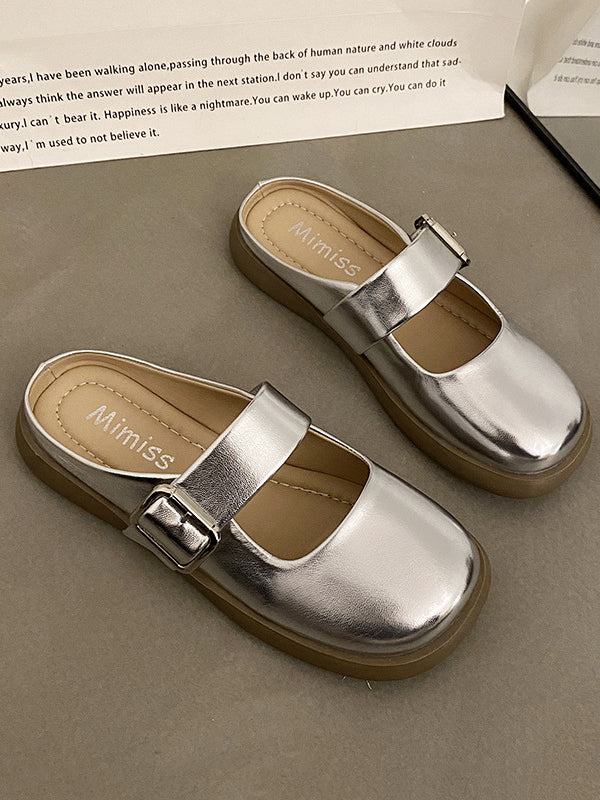 Belt Buckle Round-Toe Shallow Cut Split-Joint Slippers&Mules Platform Shoes