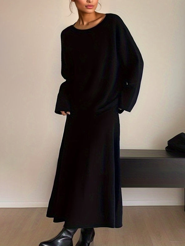 Loose Solid Color Long Sleeves Round-neck Sweater Top + Skirt Two Pieces Set