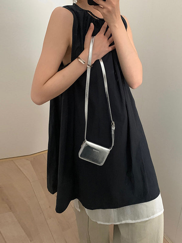 Pleated Solid Color Split-Joint Loose Sleeveless Round-Neck Mini Dresses