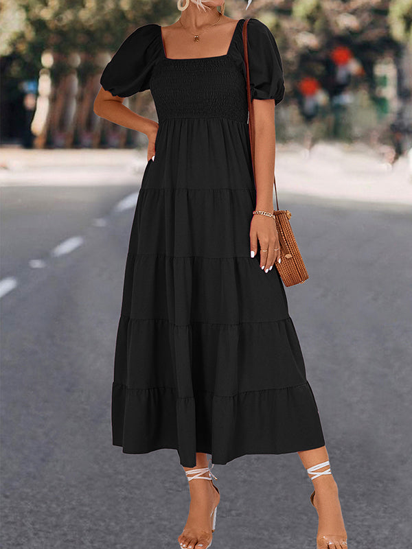 Elasticity Pleated Solid Color Split-Joint A-line Bishop Sleeve Square-neck Midi Dresses