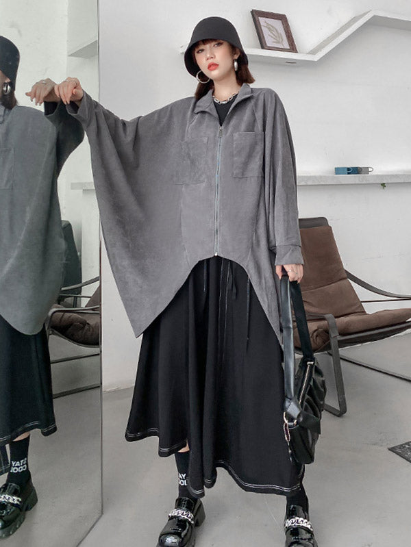 Casual Batwing Sleeves Loose Drawstring Zipper Stand Collar Jackets&Coats