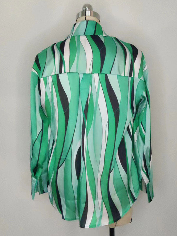Contrast Color Striped Long Sleeves Loose Lapel Blouses