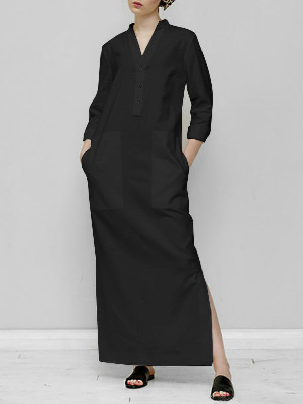 Solid Color Split-Joint Long Sleeves Loose V-Neck Maxi Dresses