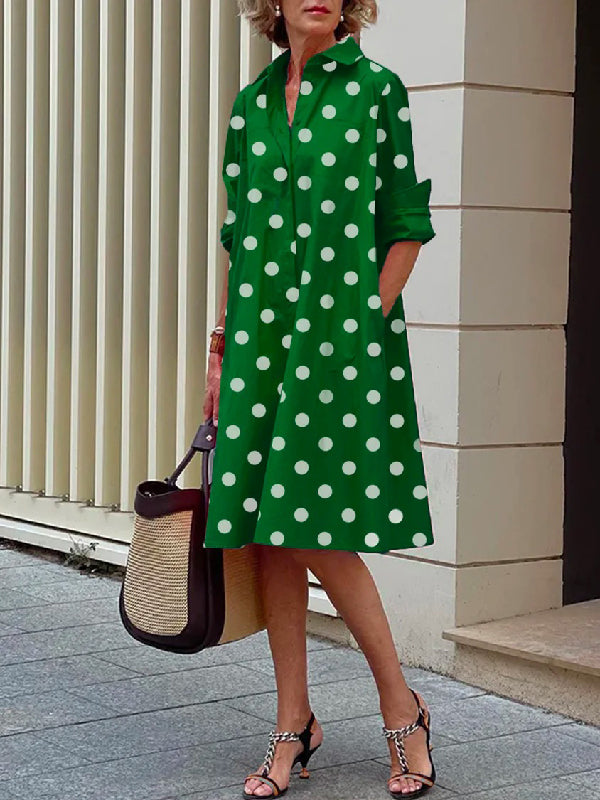 Vintage Long Sleeves Polka Dot Lapel Midi Dresses