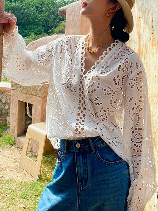 Hollow See-Through Solid Color Split-Joint Long Sleeves Loose V-Neck Blouses&Shirts Tops