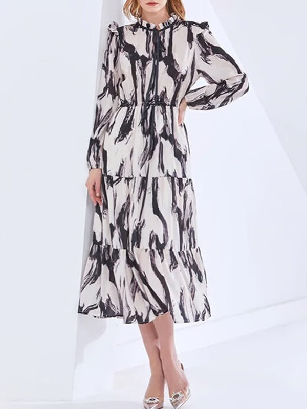 Elasticity Hollow Printed Split-Joint Tied Long Sleeves Loose Mock Neck Midi Dresses