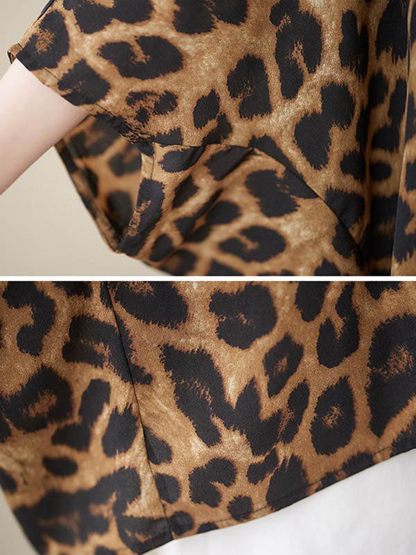 Leopard Batwing Sleeves Loose Round-Neck T-Shirts Tops