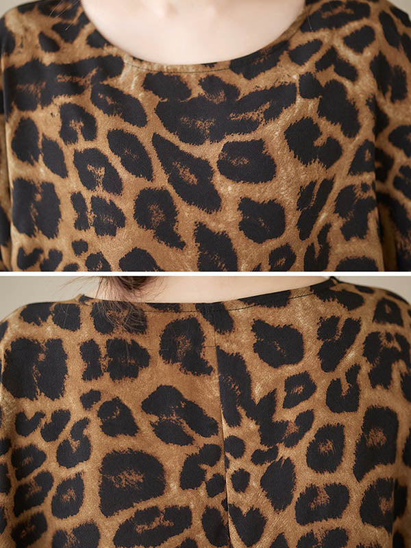 Leopard Batwing Sleeves Loose Round-Neck T-Shirts Tops