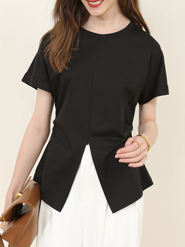 Pleated Solid Color Split-Front Split-Joint Batwing Sleeves Loose Round-Neck T-Shirts