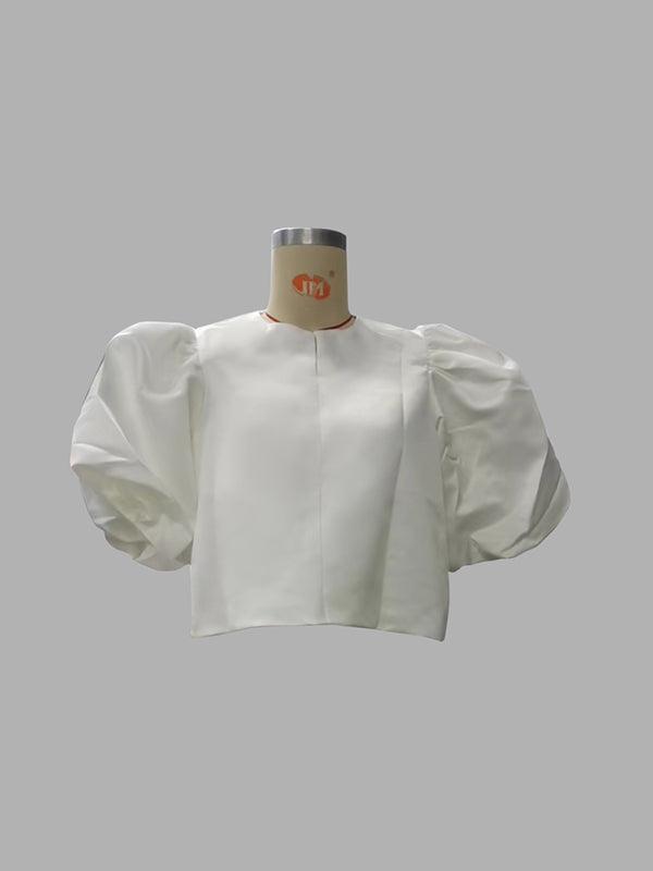 Hollow Solid Color Split-Joint Loose Puff Sleeves Round-neck Blouses