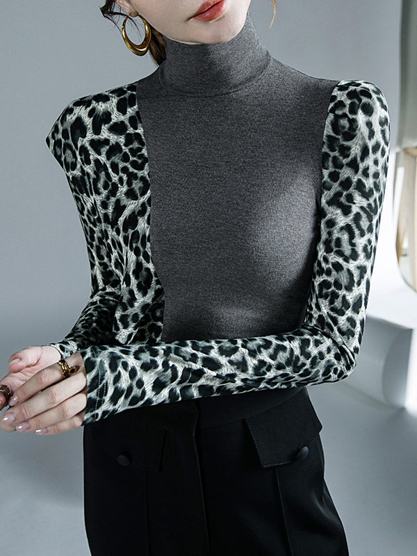 Leopard Split-Joint Long Sleeves Skinny High-Neck T-Shirts Tops