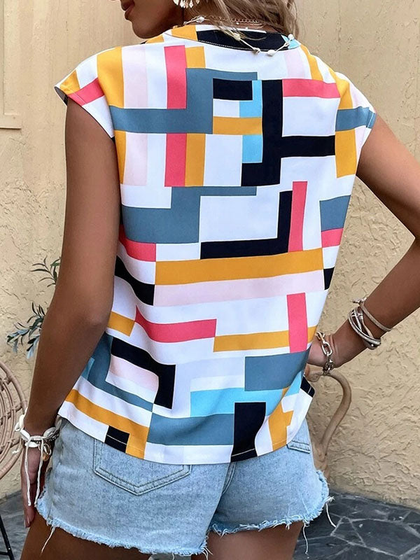 Printed Loose Sleeveless V-Neck T-Shirts Tops