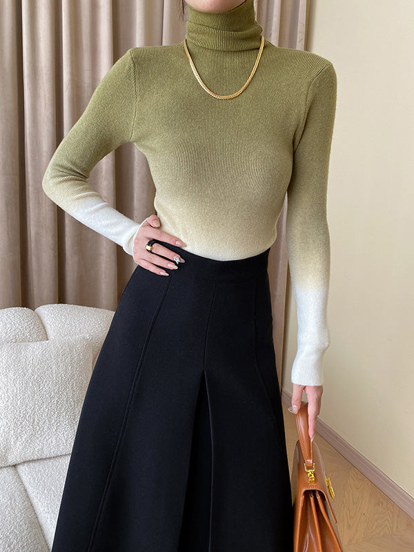 Gradient Long Sleeves Skinny High-Neck Sweater Tops Pullovers