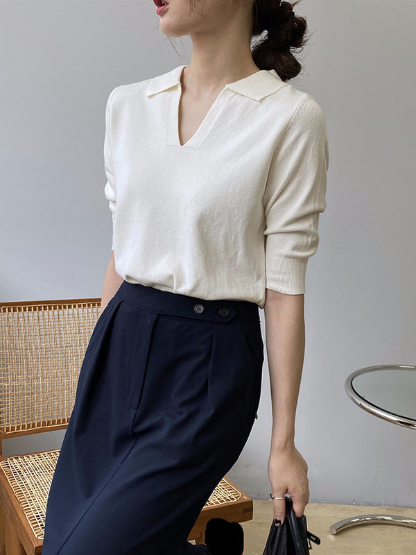 7 Colors Urban Solid Color Half Sleeves Knitting Shirt Top