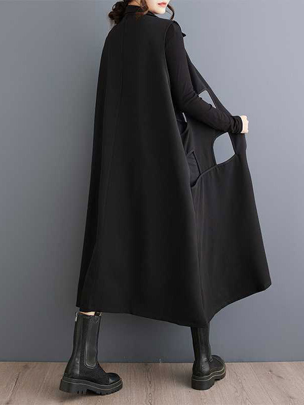 Hollow Solid Color Zipper Loose Sleeveless Lapel Midi Dresses