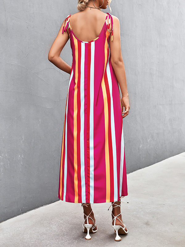 Contrast Color Striped Tied Loose Sleeveless U-Neck Slip Dress Midi Dresses