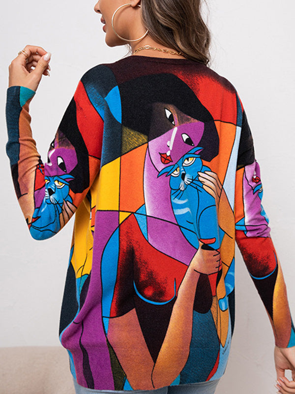 Animal Printed Figure Long Sleeves Loose Round-Neck Sweater Tops Pullovers Knitwear