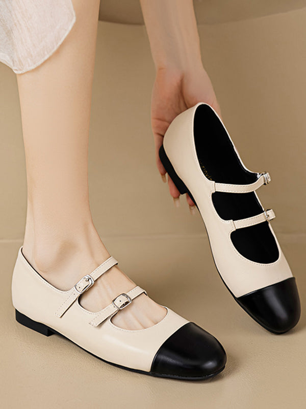 Belt Buckle Round-Toe Split-Joint Mary Janes Flat Shoes