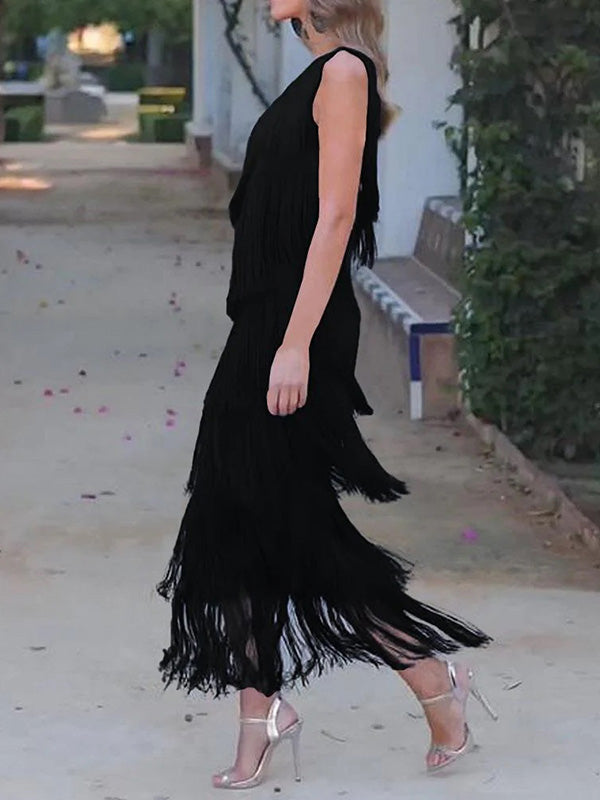 Asymmetric Solid Color Split-Joint Tasseled Loose Sleeveless One-Shoulder Maxi Dresses