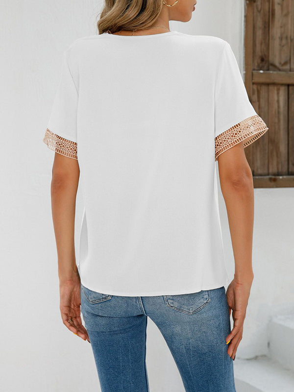Hollow Split-Joint Loose Short Sleeves V-Neck T-Shirts