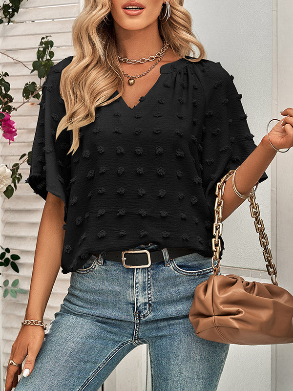 Jacquard Solid Color Half Sleeves Loose V-Neck T-Shirts Tops
