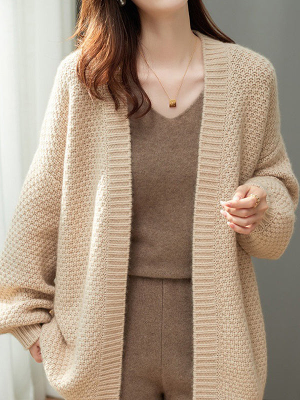 Solid Color Long Sleeves Loose Collarless Cardigan Tops