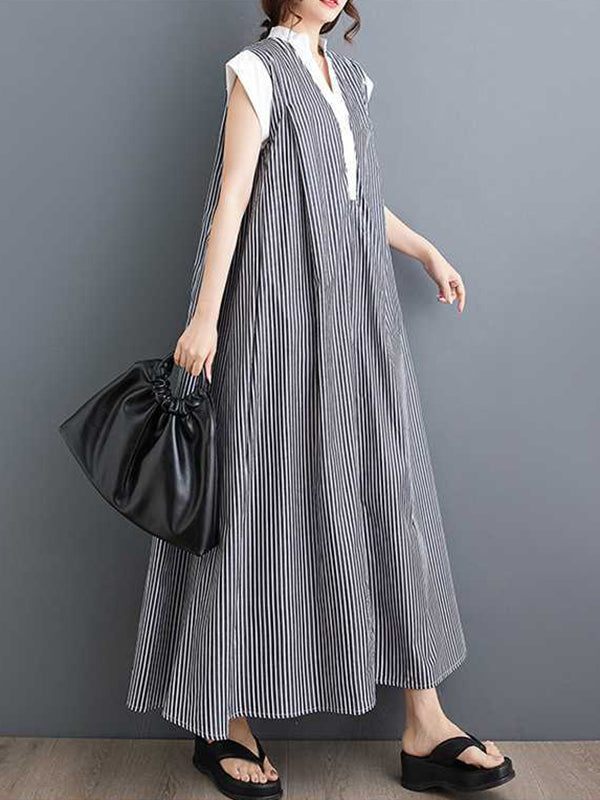 Buttoned Striped Cap Sleeve Loose Lapel Shirt Dress Maxi Dresses